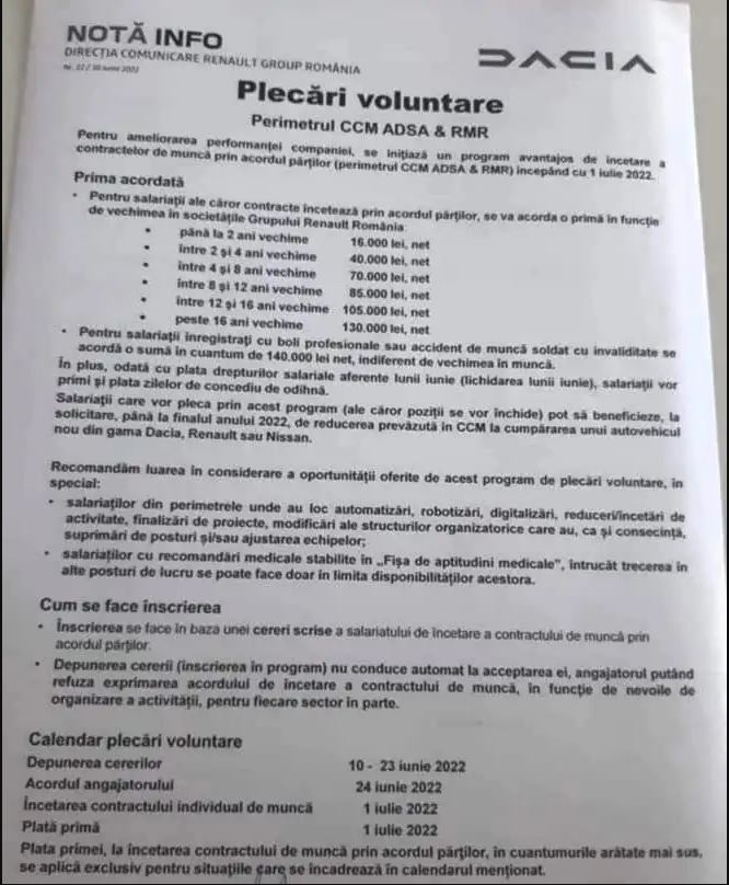 Nota informativă trimistă de Dacia angajaților săi, sursă foto arges-stiri.ro