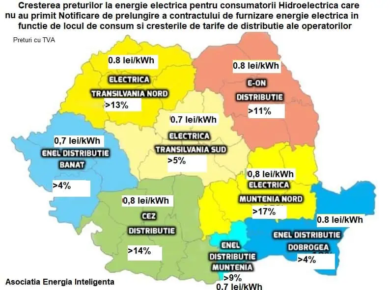 Creșterea prețurilor la energie electrică pentru consumatorii Hidroelectrica care NU au primit Notificare de prelungire a contractului de furnizare energie electrică în funcție de locul de consum și creșterile de tarife de distribuție ale operatorilor. Sursă foto: RomâniaTV