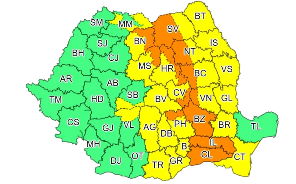 Alertă meteo ANM cod portocaliu și cod galben