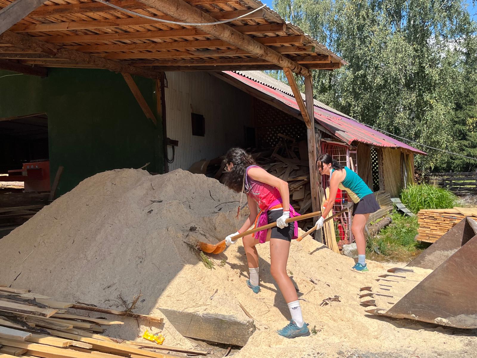 Echipa Exploratoarele umplu cu rumeguș cupa excavatorului, sursa foto: arhiva companiei 